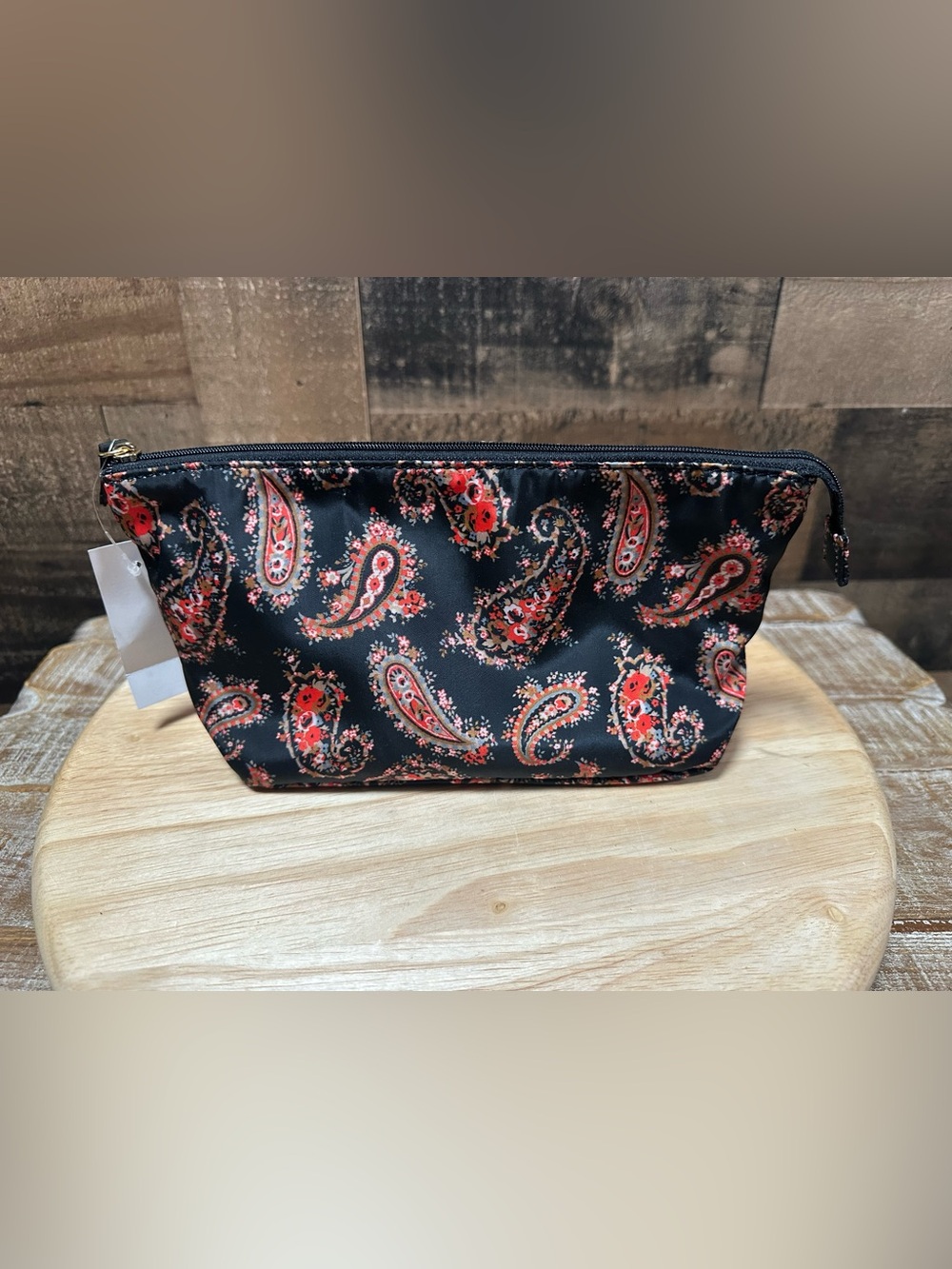 LOFT Paisley Cosmetic Makeup Bag Black Red Floral Zip Pouch NWT 9x5x3
